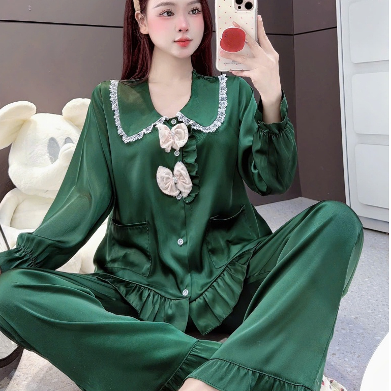 Đồ bộ đồ mặc nhà, đồ ngủ đẹp cho nữ, đồ dài tay lụa mịn phối nơ họa tiết nơ tiểu thư dễ thương [430]