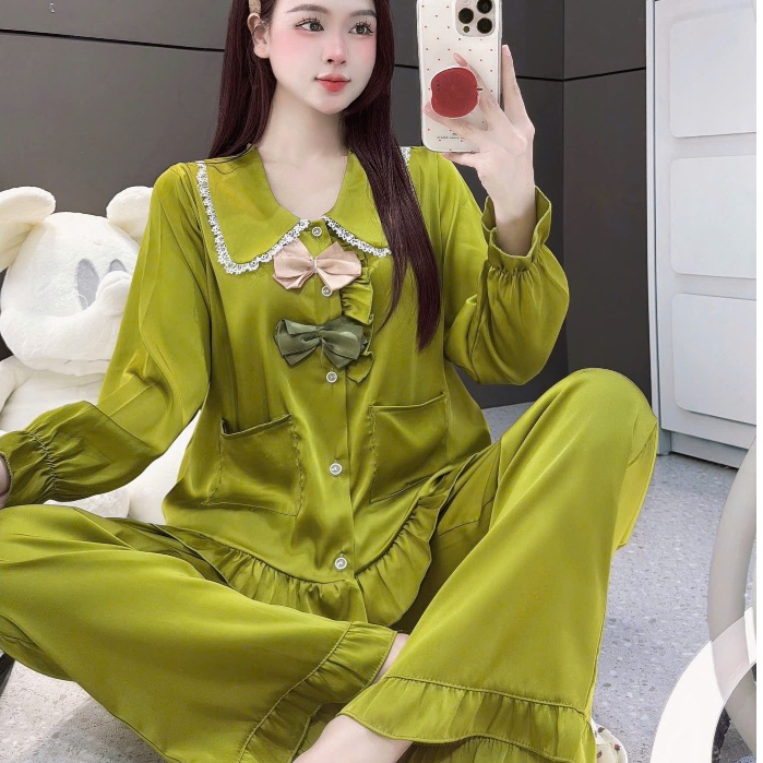 Đồ bộ đồ mặc nhà, đồ ngủ đẹp cho nữ, đồ dài tay lụa mịn phối nơ họa tiết nơ tiểu thư dễ thương [430]