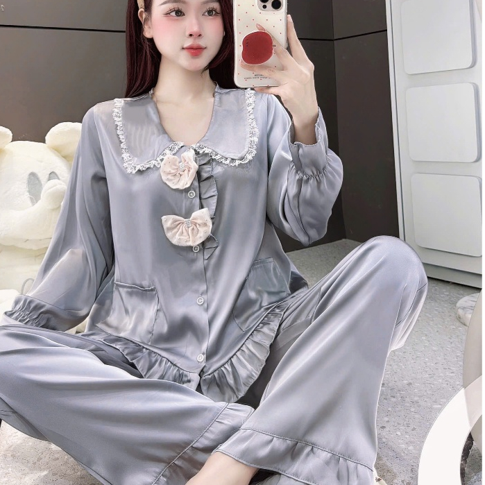 Đồ bộ đồ mặc nhà, đồ ngủ đẹp cho nữ, đồ dài tay lụa mịn phối nơ họa tiết nơ tiểu thư dễ thương [430]