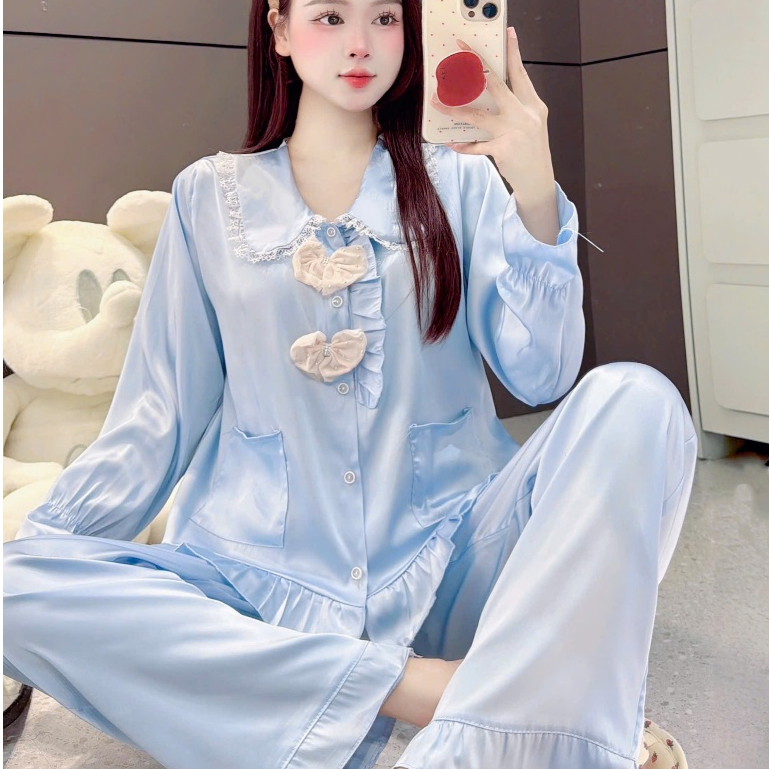 Đồ bộ đồ mặc nhà, đồ ngủ đẹp cho nữ, đồ dài tay lụa mịn phối nơ họa tiết nơ tiểu thư dễ thương [430]