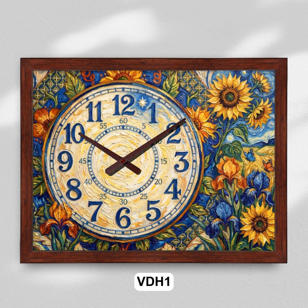 Đồng Hồ Treo Tường Khung Vân Gỗ, Họa Tiết Van Gogh Cổ Điển, Tranh Đồng Hồ Nghệ Thuật Decor Nhà Cửa, Quà Tặng Đồng Hồ 1