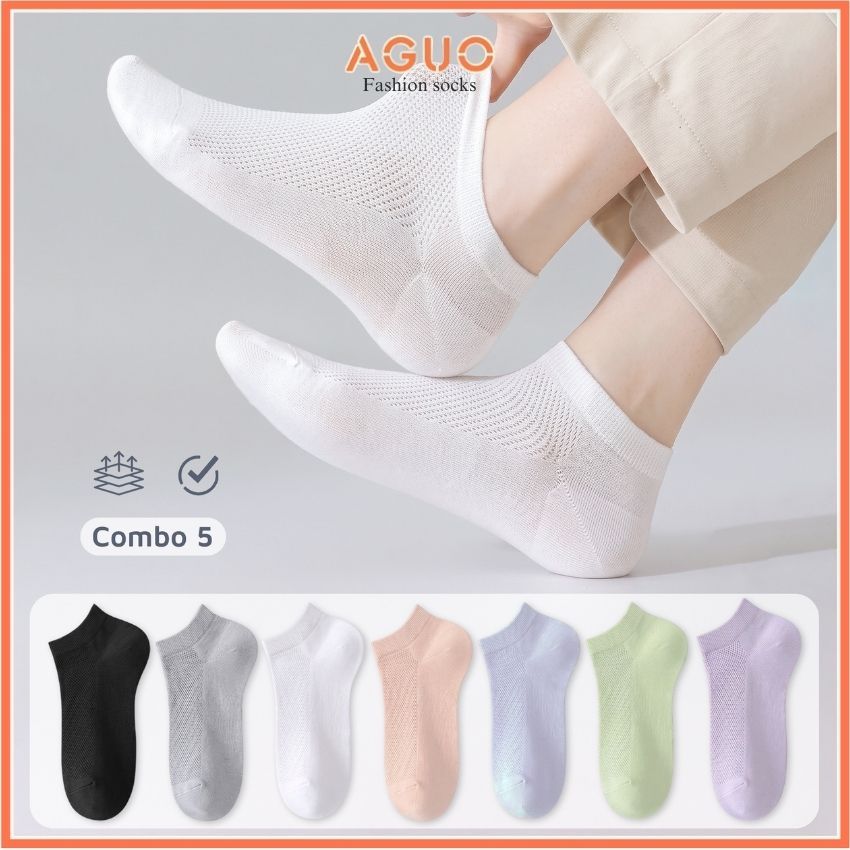 Tất vớ nữ set 5 đôi cổ ngắn dệt lưới thoáng khí thấm hút mồ hôi chân - Aguo shop