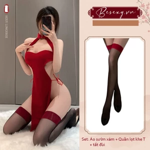 Đầm Ngủ Sườn Xám Nhung Đỏ Tặng Kèm Tất Đùi Quần Chip T Cực Sexy Gợi Cảm