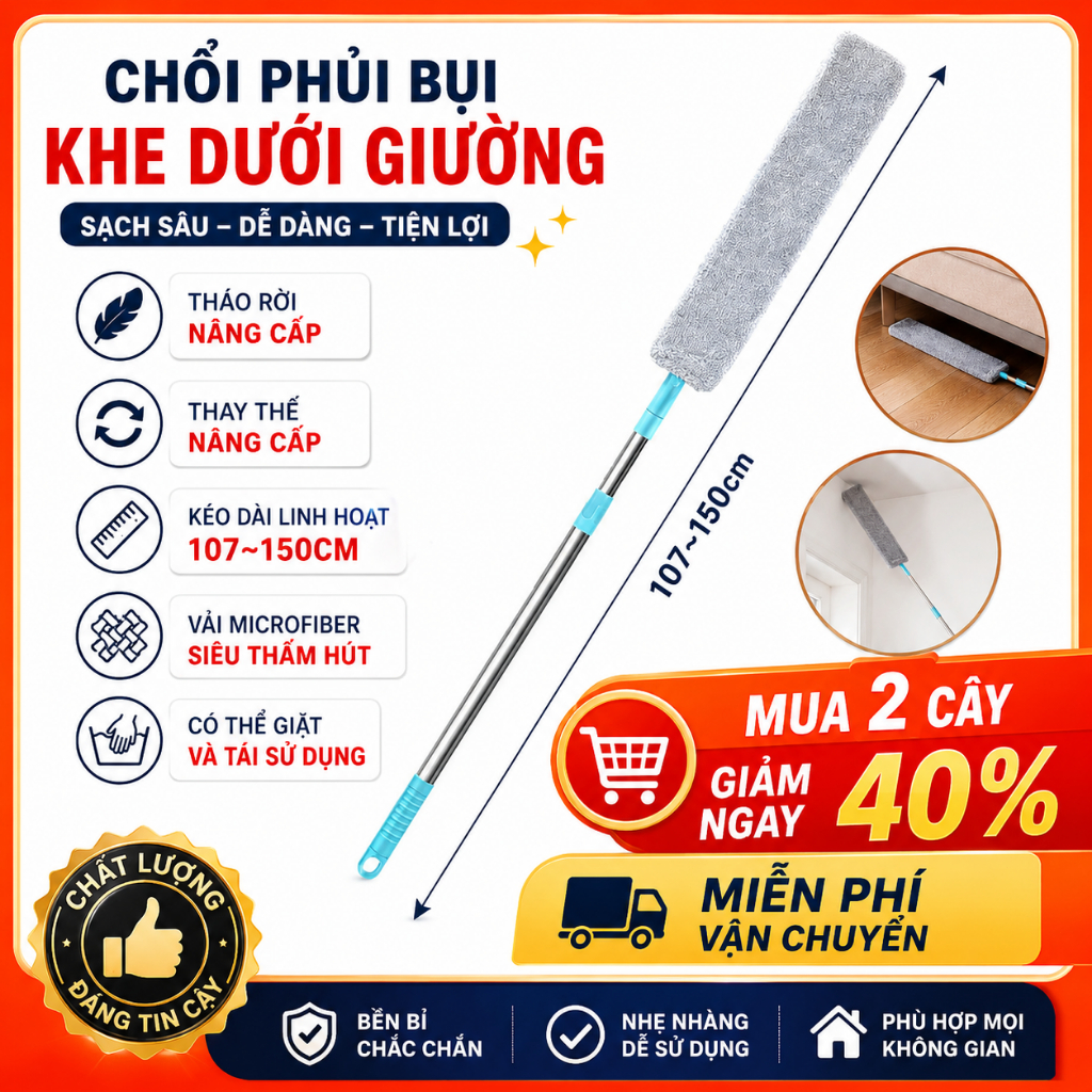 Chổi Lau Bụi Đầu Mềm Uốn Cong, Vải Tháo Rời Giặt Được, Lau Sạch Bụi Hiệu Quả【MUA 2 GIẢM 40%】