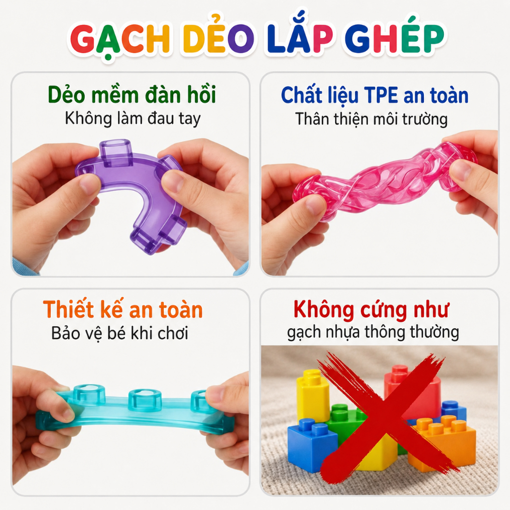 Bộ Gạch Dẻo Lắp Ghép Cho Bé – Khối Xếp Hình Mềm TPE An Toàn, Đồ Chơi Giáo Dục Phát Triển Tư Duy