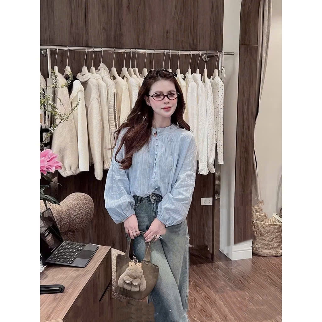 [Chuẩn QC-Loại 1] Áo Sơ Mi Kiểu Nữ Tay Phồng Thanhhuyen clothings2 Nút Bọc Sang Chảnh Vải Đũi Mát Sang Chảnh (B525)