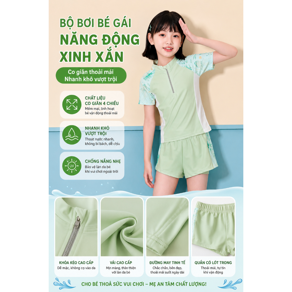 Bộ bơi,  Đồ Bơi Bé Gái Ngắn Tay Quần Đùi Size Đại 16-52kg