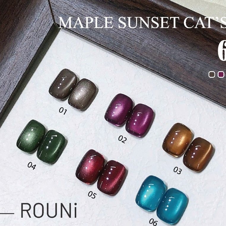 ROUni Sơn gel mắt mèo hạt thủy tinh 6 màu mùa thu đông tone xanh cho nail Maple Sunset Cat's Eye