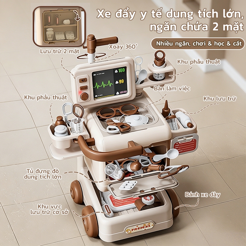 💓 Xe đẩy y tế giả lập có thẻ CT | Bàn bác sĩ có âm thanh ánh sáng, đồ chơi tương tác phát triển trí tuệ cho bé