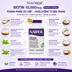 Viên uống mọc tóc móng, giảm gãy rụng Natrol Biotin maximum strength 10000mcg - Hộp 100 viên