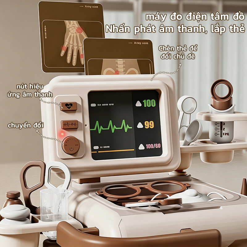 💓 Xe đẩy y tế giả lập có thẻ CT | Bàn bác sĩ có âm thanh ánh sáng, đồ chơi tương tác phát triển trí tuệ cho bé
