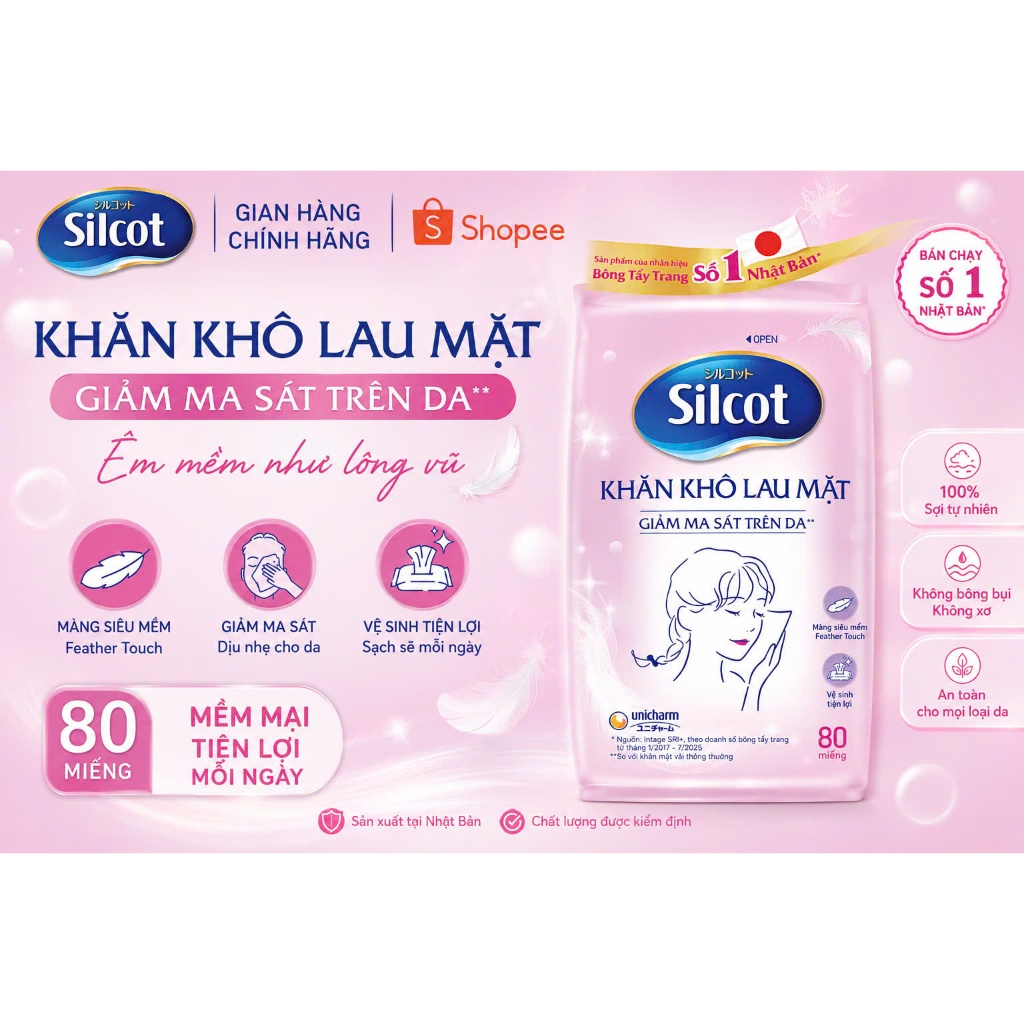 KHĂN KHÔ LAU MẶT SILCOT NHẬT BẢN (GÓI 80 MIẾNG) – GIẢM MA SÁT, BẢO VỆ DA TỐI ĐA