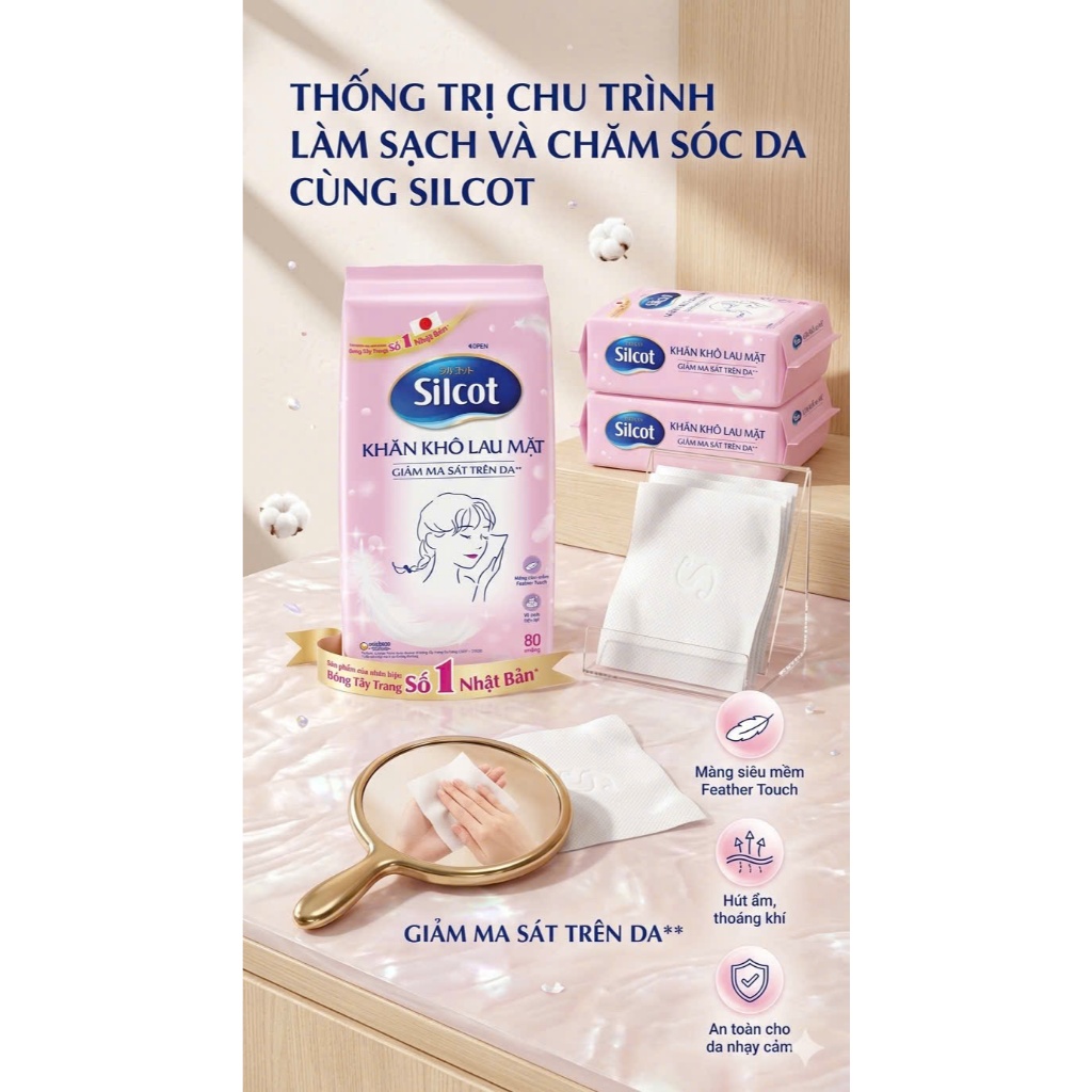 KHĂN KHÔ LAU MẶT SILCOT NHẬT BẢN (GÓI 80 MIẾNG) – GIẢM MA SÁT, BẢO VỆ DA TỐI ĐA
