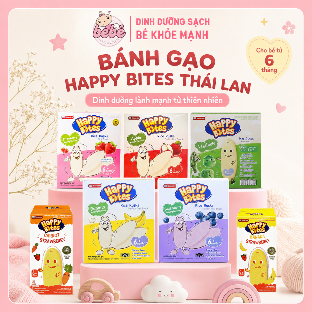 (Date mới) Bánh gạo ăn dặm HAPPY BITES Thái Lan dạng dẹt vị trái cây - Cho bé ăn dặm từ 6 tháng