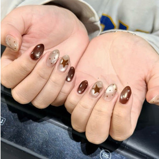 (HOẢ TỐC ) NAILBOX SƠN MẮT MÈO NÂU VẼ NGÔI SAO CHẤM BI MÓNG GIẢ THIẾT KẾ