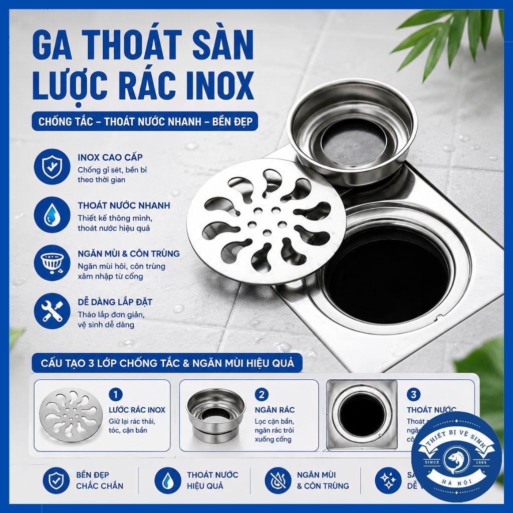 Ga thoát sàn phòng tắm Inox 304 lọc rác, dùng thoát nước sàn nhà ...