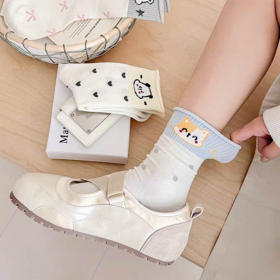 Tất vớ nữ cổ cao nhún họa tiết thú dễ thương màu sắc, chất liệu mềm mịn co giãn 4 chiều - Ekiu Perseper