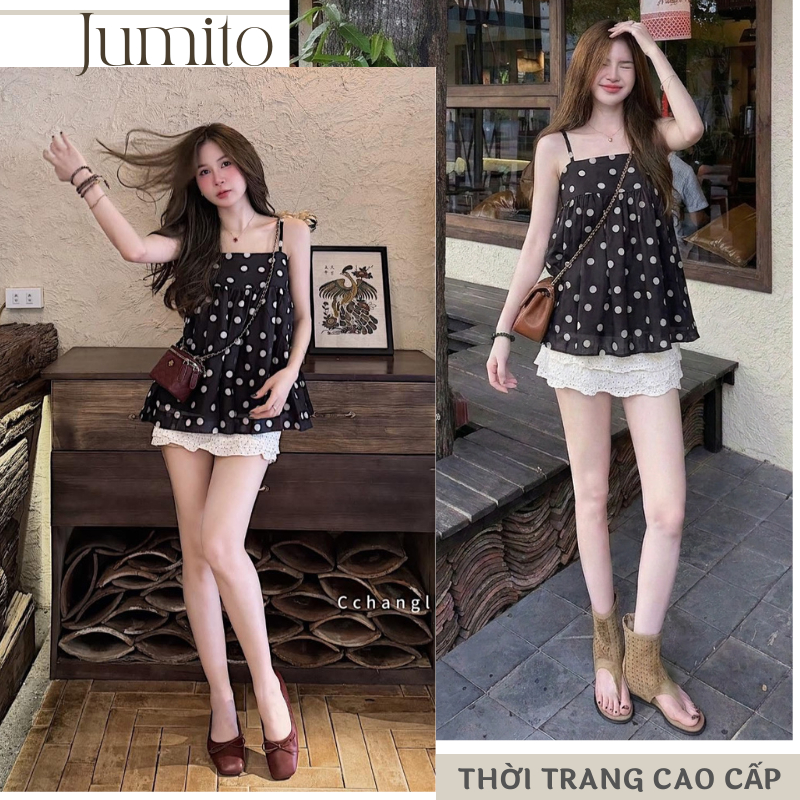 Set bộ nữ áo hai dây babydoll chấm bi mix chân váy ren ngắn bộ hai mảnh đi biển du lịch HCOM27210