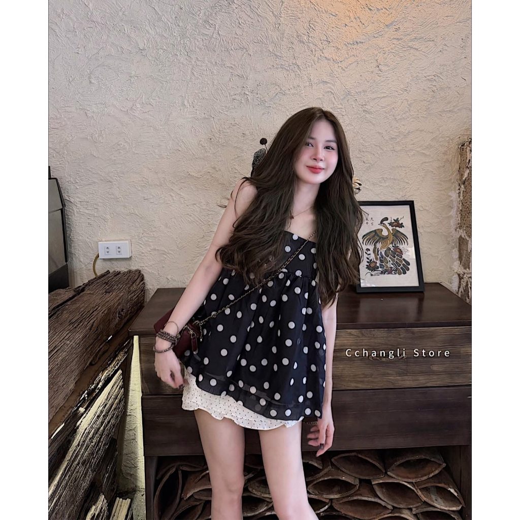 Set bộ nữ áo hai dây babydoll chấm bi mix chân váy ren ngắn bộ hai mảnh đi biển du lịch HCOM27210