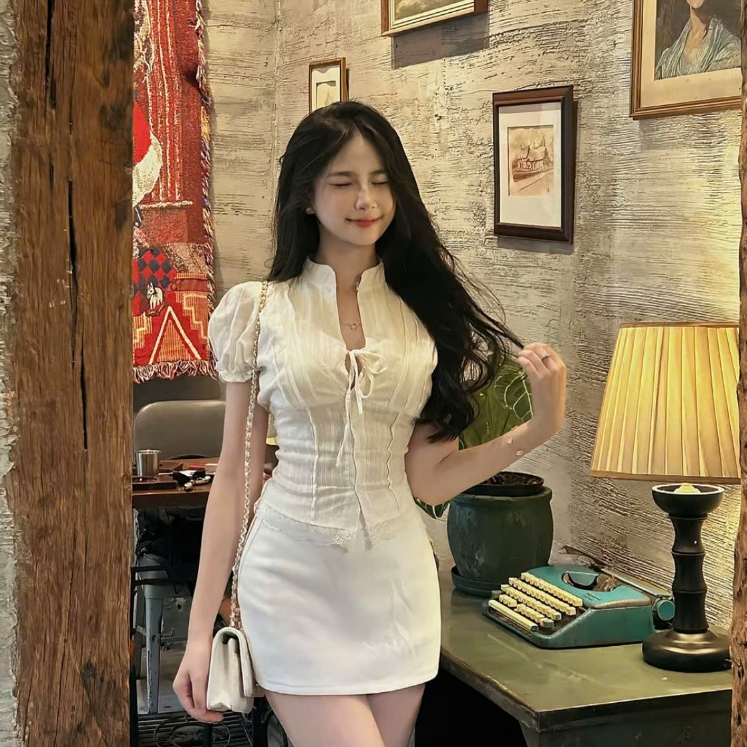 [SẴN HÀNG] Áo Kiểu Nữ Dáng Croptop Chi Tiết Cổ Tàu Tay Bồng Cột Dây Nơ Mùa Hè, Áo Kiểu Thắt eo tone dáng siêu xinh KA832