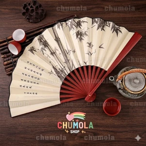 Quạt cổ trang cầm tay in tranh thư pháp thủy mặc vải xếp nan 28 / 31cm phong cách Trung Quốc