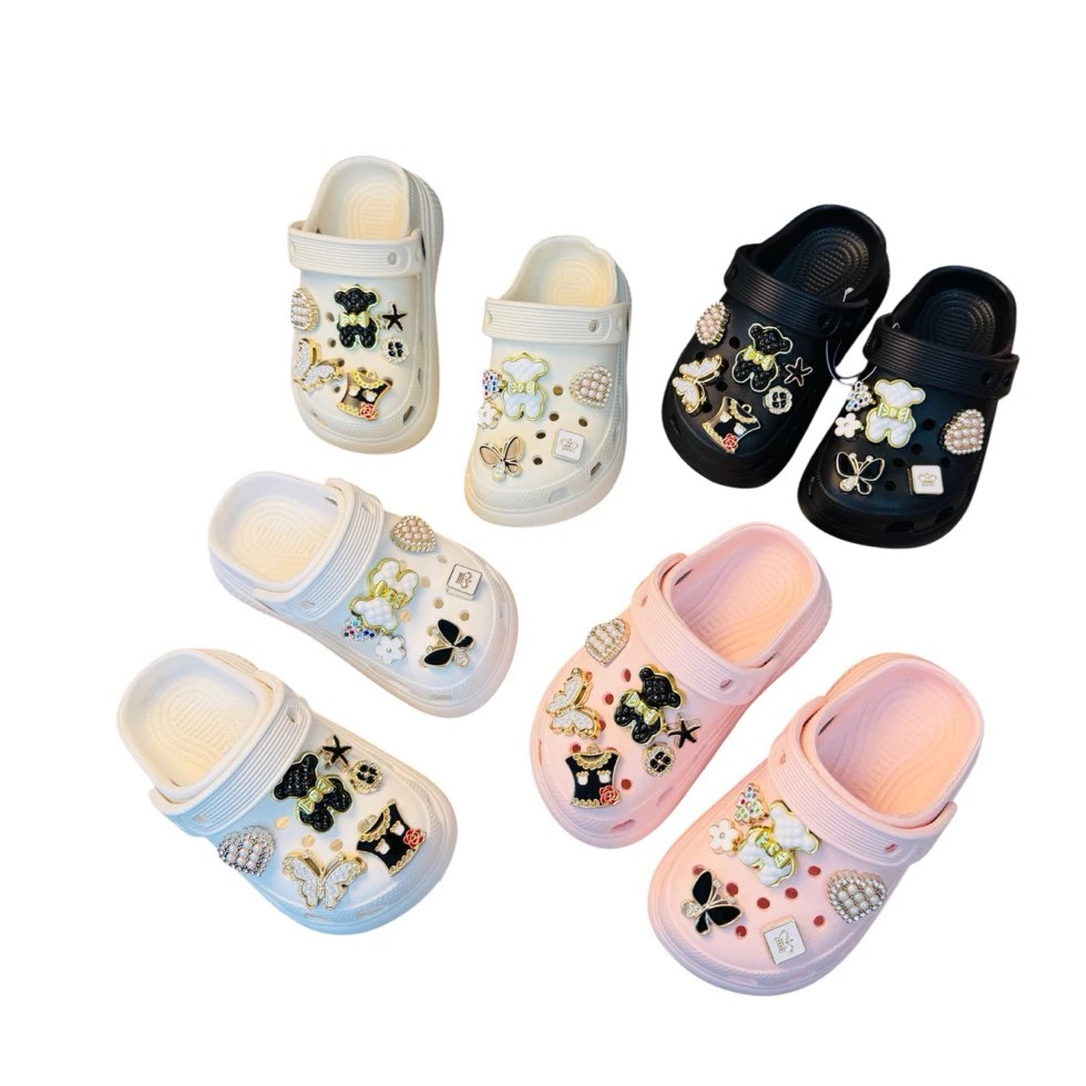 Dép sục thời trang mềm có quai gắn sticker gấu hồng siêu đẹp cho bé gái êm chân
