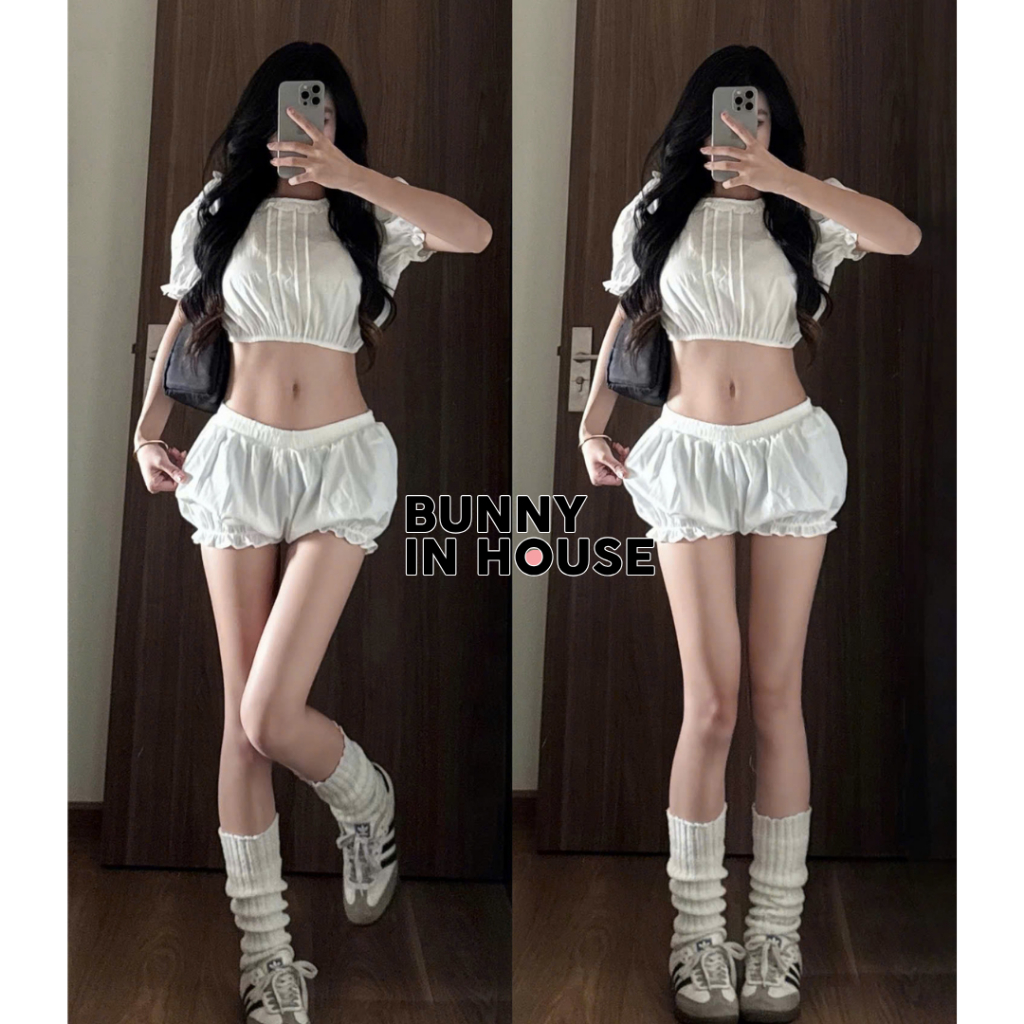 Set Bikini 2 Món Đi Biển Nữ Croptop Tay Bồng cùng Short Dáng Bí Hàn Quốc Sexy Tôn Dáng Bunny In House B03 BIKINI