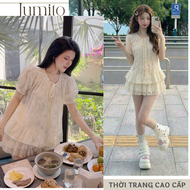 Bộ đồ nữ đi du lịch hè set váy voan ren đục lỗ thêu nổi phối dây rút thắt nơ cổ áo babydoll HCOM27242