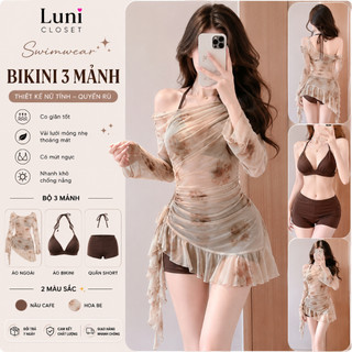 [Luni-Oder] Bộ Bikini Nữ 3 Mảnh Màu Cà Phê Tôn Dáng Kèm Áo Ngoài Sexy, Đồ Bơi Đi Biển Hot Trend Cao Cấp QC L1
