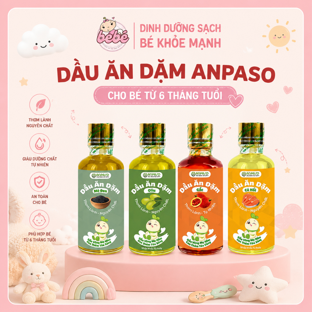 Dầu ăn dặm Anpaso giúp bổ não, tăng cường DHA, giúp cải thiện biếng ăn cho bé