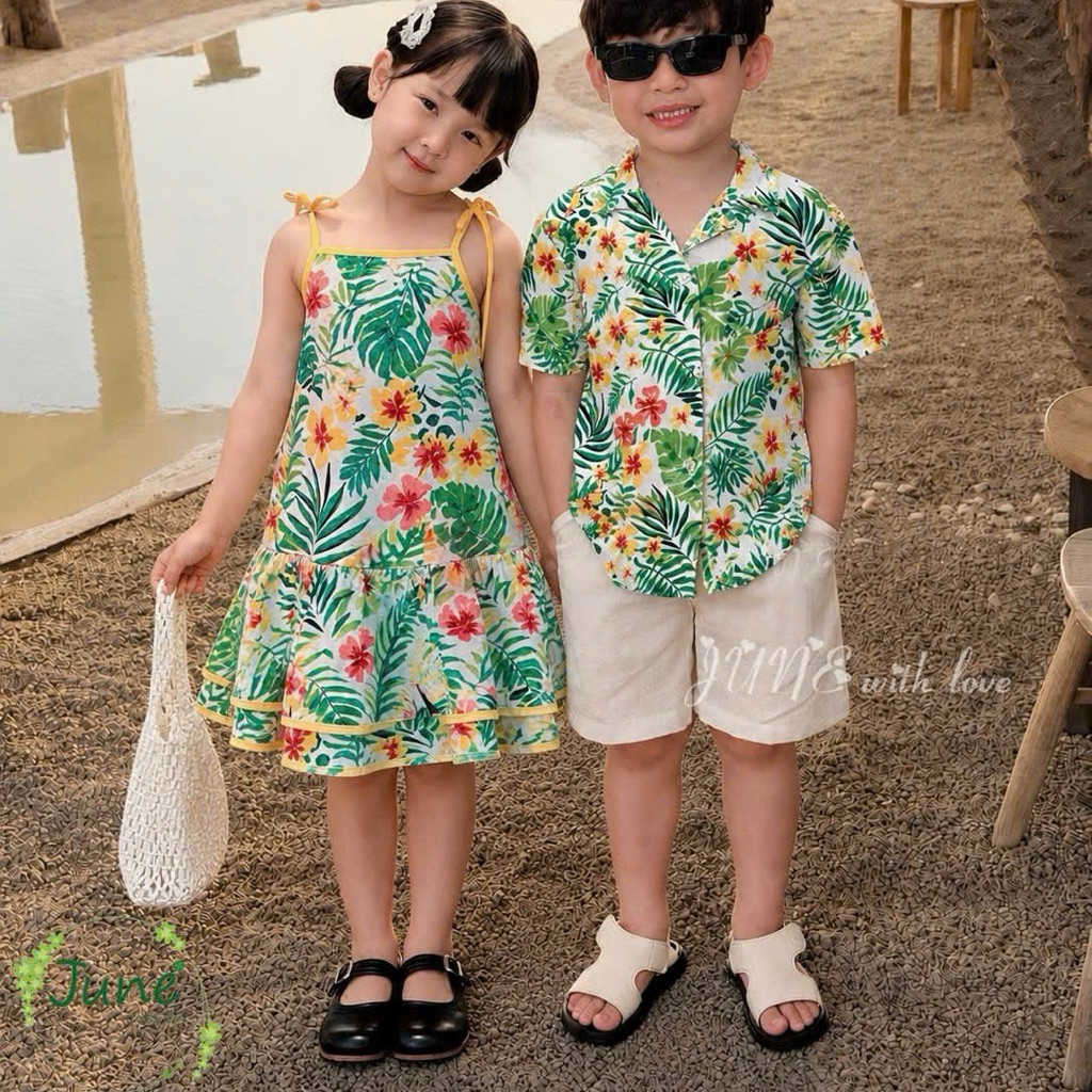 Set đồ đi biển bé trai bé gái June Sara 1-10Y (10-40kg) – đồ đôi nhiều mẫu hoạ tiết xinh, quần áo du lịch hè