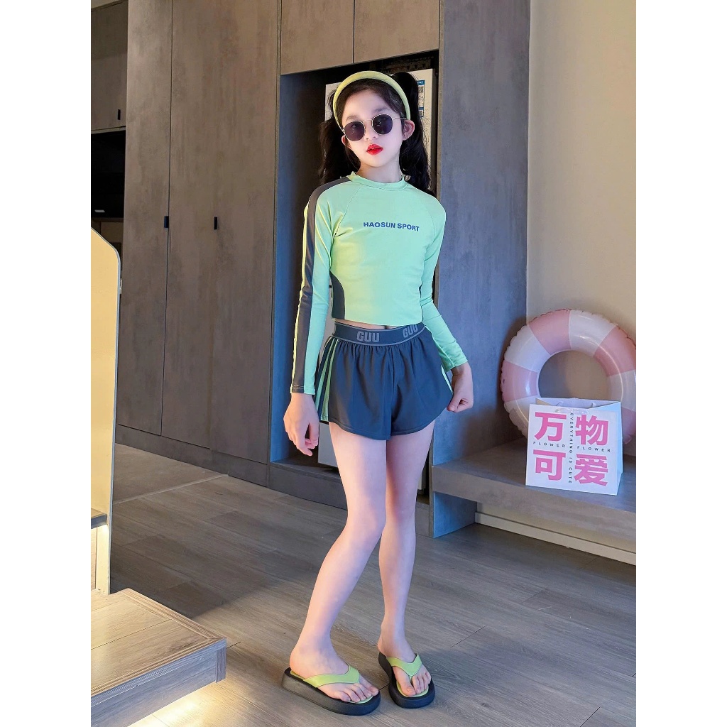 Đồ Bơi Bé Gái Tay Dài Kèm Quần Short Co Giãn 4 Chiều Set Đồ Bơi Thể Thao Dễ Thương Cho Bé