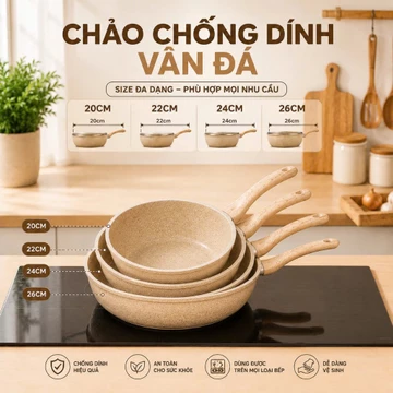 Chảo chống dính bếp từ sâu lòng 20/24/26/28cm - Chảo vân đá phủ lớp chống dính - Chảo sâu lòng chống dính cán gỗ