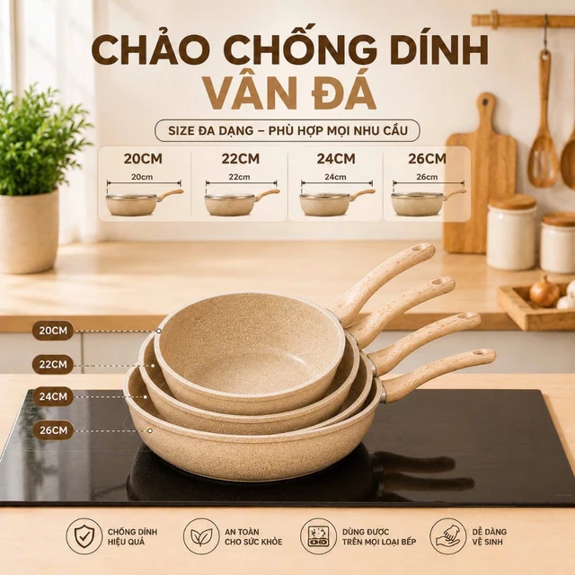 Chảo chống dính bếp từ sâu lòng 20/24/26/28cm - Chảo vân đá phủ lớp chống dính - Chảo sâu lòng chống dính cán gỗ