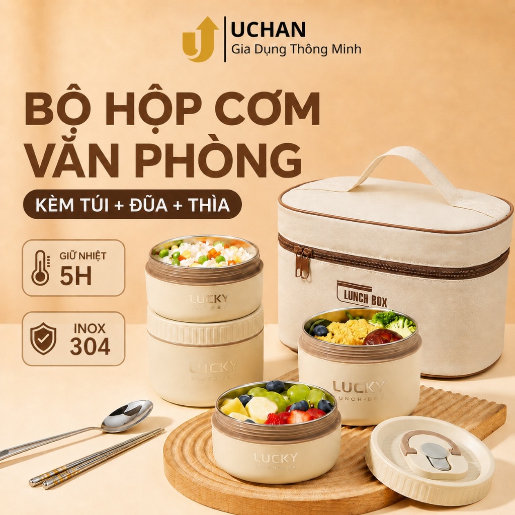 Hộp Cơm Giữ Nhiệt Lunchbox Bộ Hộp Cơm Văn Phòng Kèm Túi Đũa Thìa SP02