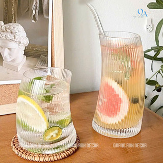 SET 6 LY Thủy Tinh Chịu Nhiệt DÁNG CONG Họa Tiết Vân SỌC - TRƠN | Thiết Kế Phong Cách RETRO Cổ Điển