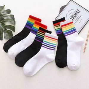 Tất ống giữa sọc cầu vồng người lớn (mẫu ngẫu nhiên)-Tất Nam Nữ Kẻ Sọc Cổ Cao-Vớ Unisex Cotton Co Giãn (1 đôi loại mỏng)