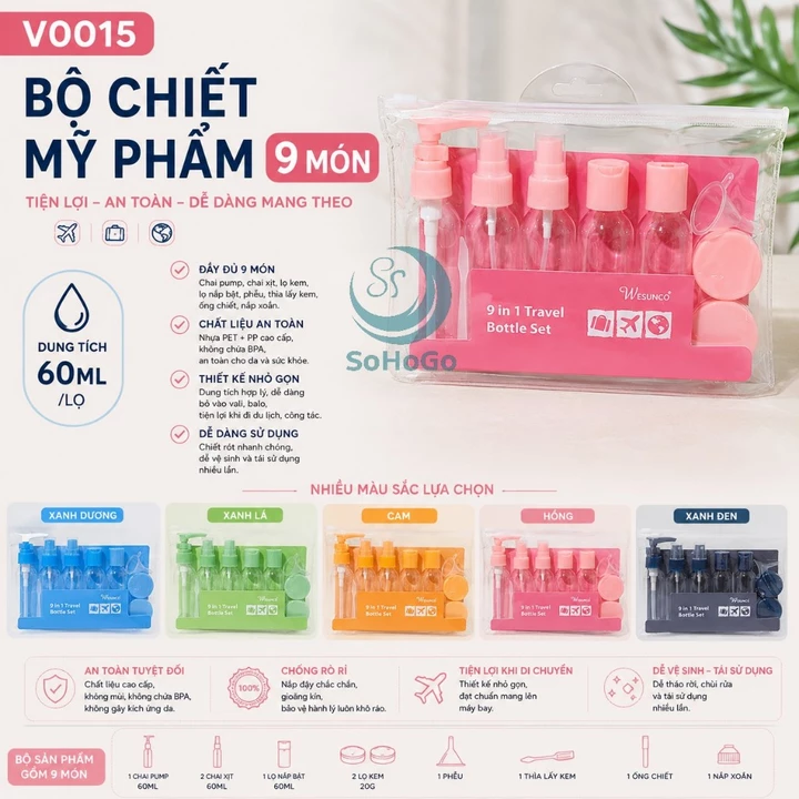 Bộ chiết mỹ phẩm du lịch, công tác. Bộ 9 món. Lọ chiết mỹ phẩm- Set chiết mỹ phẩm mini 9 món tiện lợi