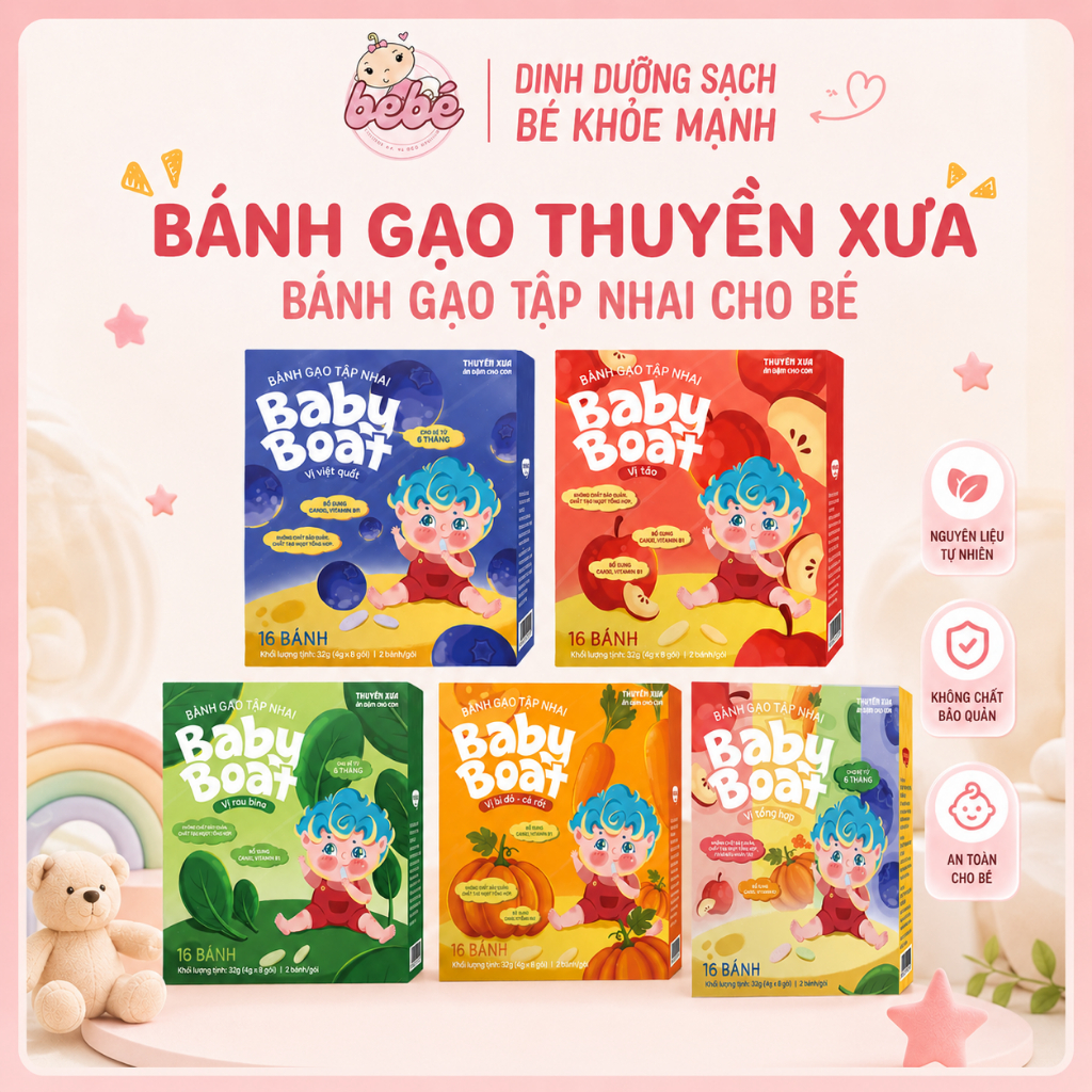 Bánh gạo Thuyền Xưa Baby Boat, Bánh gạo hữu cơ siêu ngon, tan nhanh dành cho bé tập ăn dặm