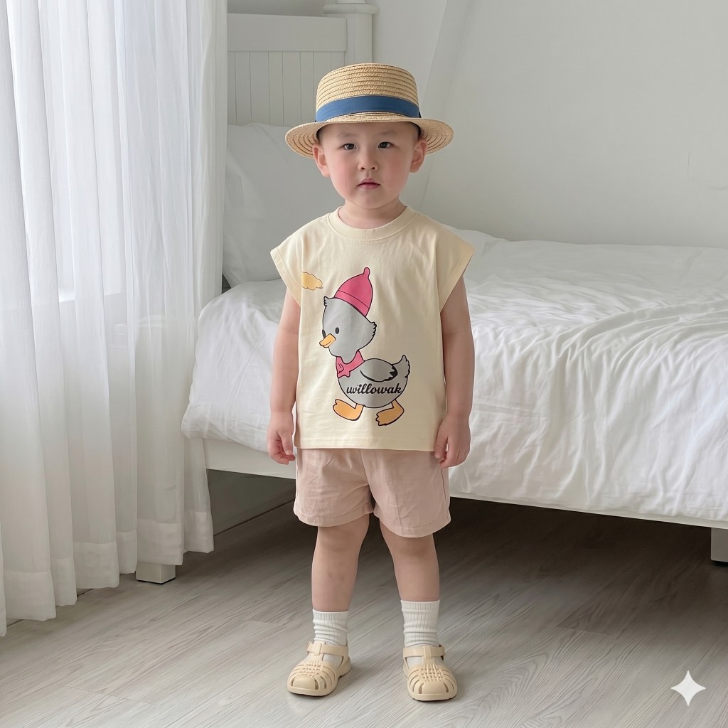 (Hàng Đẹp)Bộ quần áo cộc tay mùa hè hình thú ngộ nghĩnh, cotton mềm mát, phong cách Hàn Quốc 8-21kg