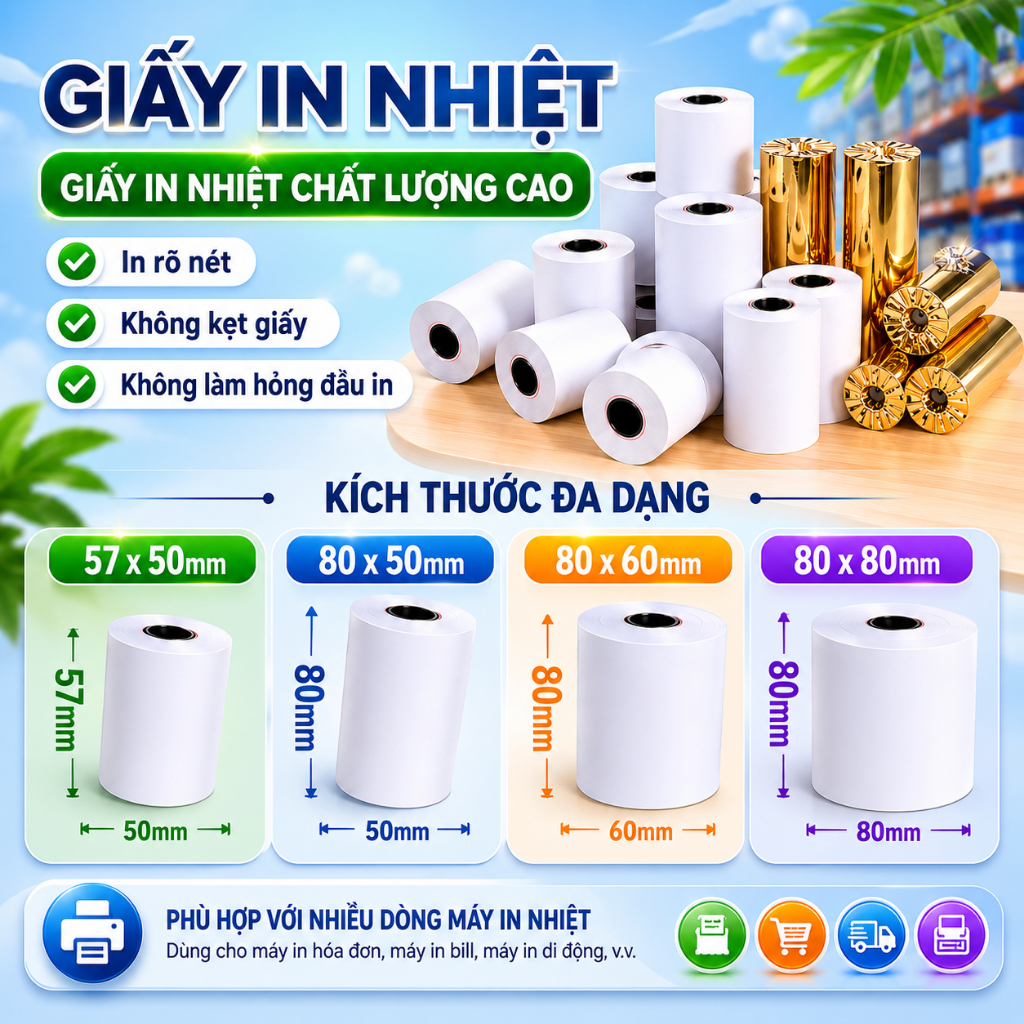 Giấy in nhiệt 80x60mm In rõ nét | Không kẹt giấy | Đủ mét |Giấy in hóa đơn POS cho nhà hàng, cà phê, siêu thị, tạp hoá
