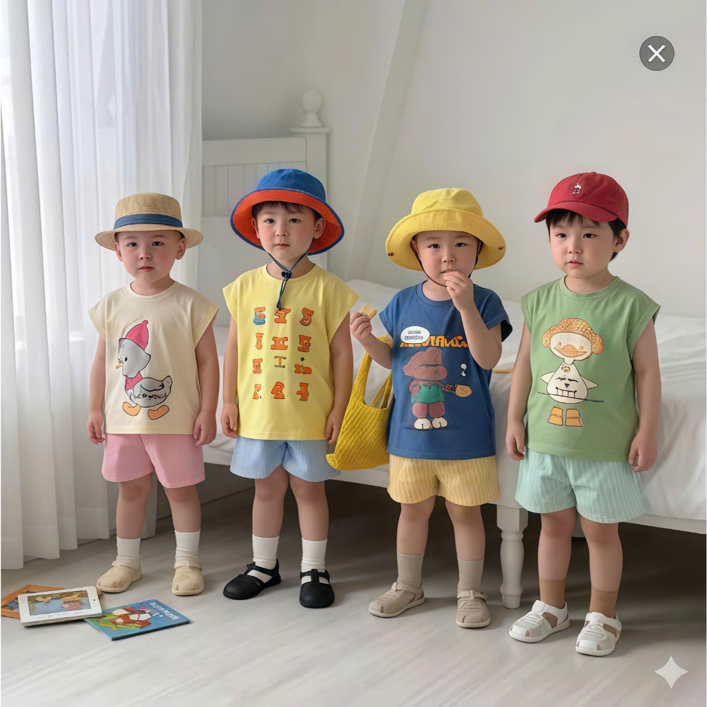 (Hàng Đẹp)Bộ quần áo cộc tay mùa hè hình thú ngộ nghĩnh, cotton mềm mát, phong cách Hàn Quốc 8-21kg