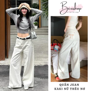 Quần Suông Kaki Nữ Trắng Đen Thêu Nơ Lưng Cao Form Suông Ống Rộng Chất Kaki Mềm Ôm Eo Nâng Mông Hack Chân