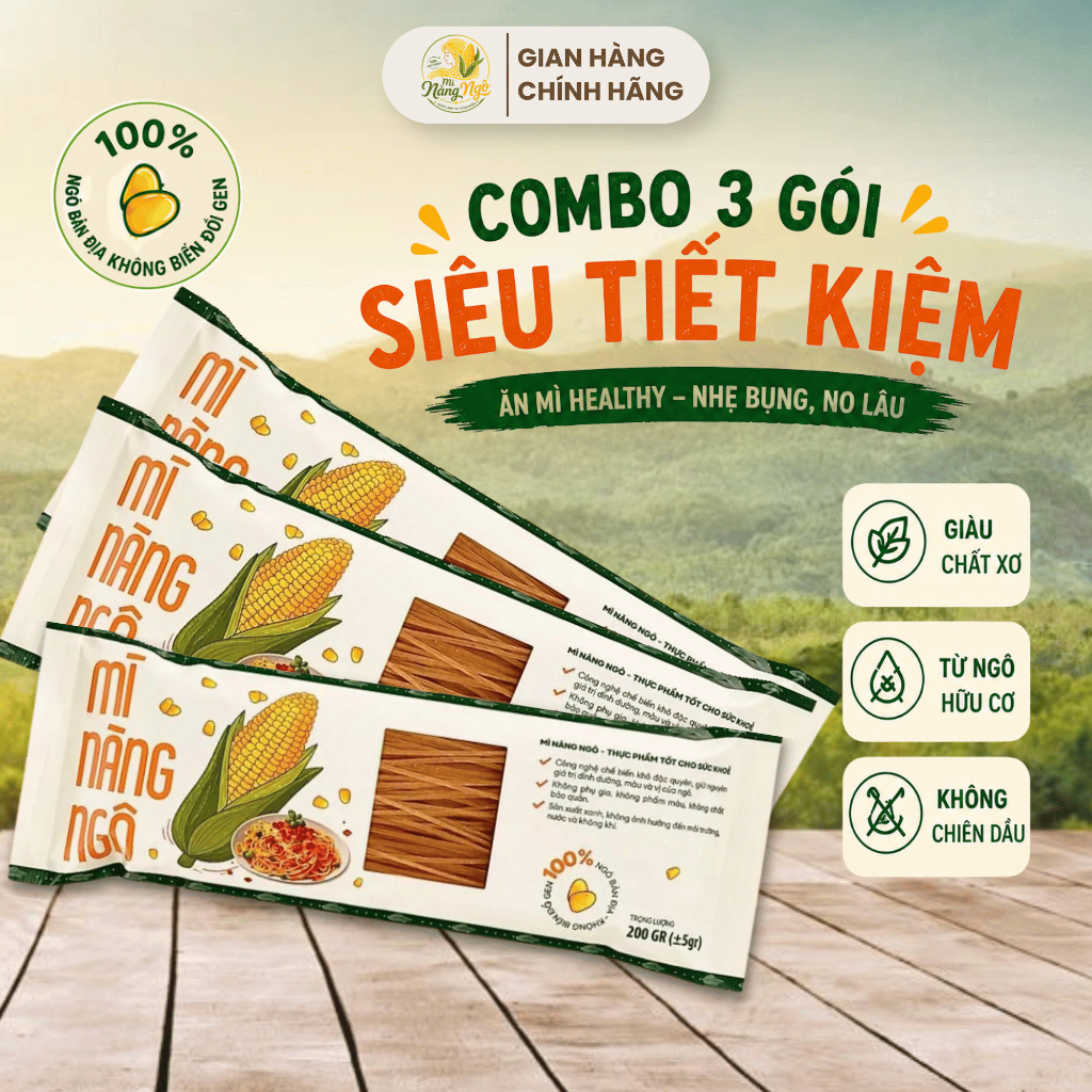 Combo 3 gói Mì Nàng Ngô Hữu Cơ 200g – Mì Ngô Healthy Giàu Chất Xơ, Phù Hợp Ăn Kiêng Eat Clean