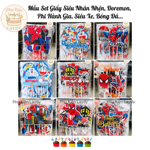 Bịch 10 Set giấy spidermen, siêu nhân người nhện, đoremon, phi hành gia- Phụ kiện trang trí bánh kem, bánh sinh nhật