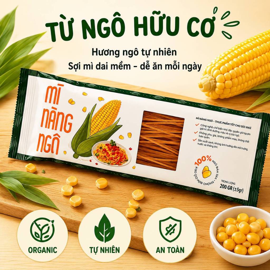 Combo 3 gói Mì Nàng Ngô Hữu Cơ 200g – Mì Ngô Healthy Giàu Chất Xơ, Phù Hợp Ăn Kiêng Eat Clean