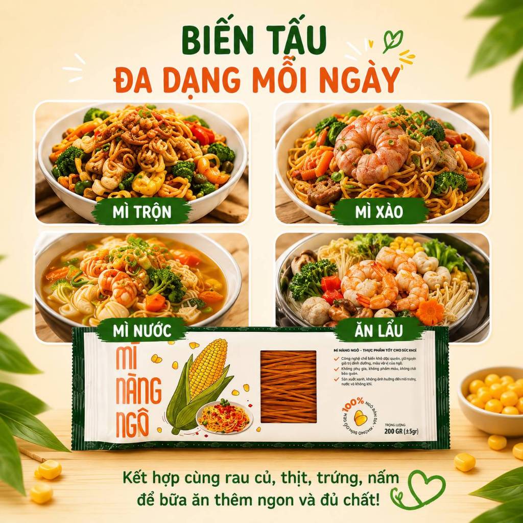 Combo 3 gói Mì Nàng Ngô Hữu Cơ 200g – Mì Ngô Healthy Giàu Chất Xơ, Phù Hợp Ăn Kiêng Eat Clean