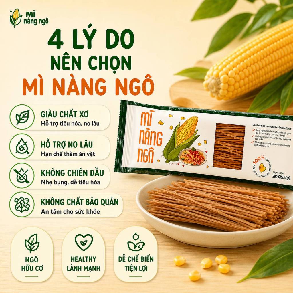 Combo 3 gói Mì Nàng Ngô Hữu Cơ 200g – Mì Ngô Healthy Giàu Chất Xơ, Phù Hợp Ăn Kiêng Eat Clean