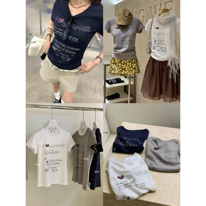 WGWE | Áo thun cotton cổ tròn graffiti chữ cá tính thêu nổi trái tim Hàn Quốc – W9601#