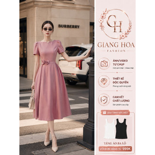 VT134 - Đầm Công Sở Nữ Tay Ngắn Màu Hồng Pastel, Váy Midi Dáng Xòe Thắt Eo Hoa 3D Thanh Lịch Dự Tiệc